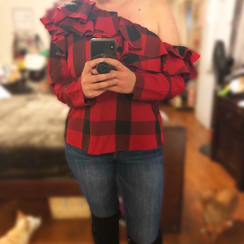 Gresyn Off One Shoulder Ruffle Plaid Checkered Top - Picture 3 of 8